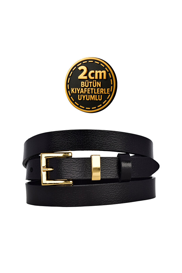 100% Genuine Leather Gold Color Suit Bridge Black Women's Belt 2cm Fits All Clothes_Kare-Gold