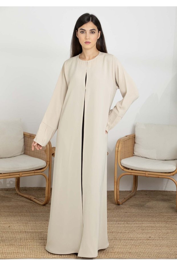 Beige Korean Nida Abaya with Frilled Cuffs