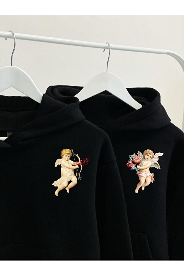 Eros Lover Couple Combination - Black Printed Oversize Hooded Sweatshirt