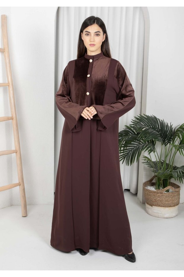 Brown Round Neck Nida and Velvet Abaya with Front Button Detailing