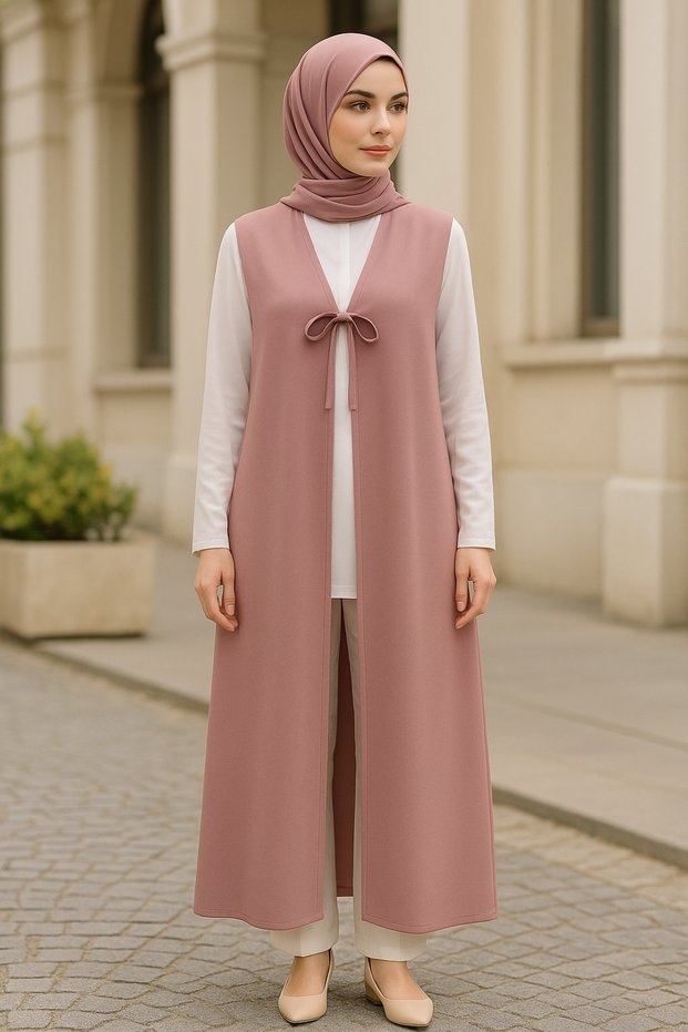 Medina Silk Tie Detail Hijab Vest, Multifunctional Use Pareo Beach Wear, Long Vest
