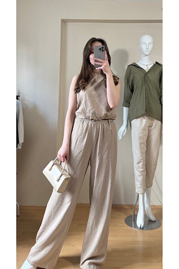 Linen Balloon Zero Sleeve Blouse-Pants Suit