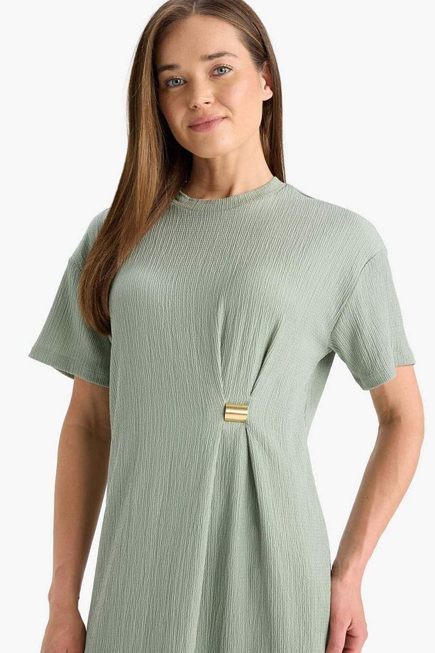 Regular Fit Bisiklet Yaka Basic Düz Bürümcük Kısa Kollu Midi Elbise E7330ax25sm - 3