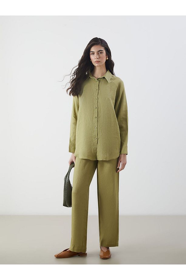 LCW Modest Haki Oversize Keten Kadın Gömlek S5FH74Z8NVY25 - 2