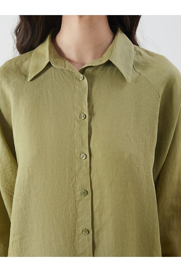 LCW Modest Haki Oversize Keten Kadın Gömlek S5FH74Z8NVY25 - 3
