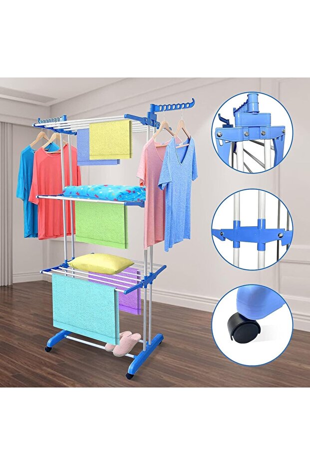 3-Layer Folding Clothes Drying Rack (Adjustable, Stainless Steel) - Blue - 5
