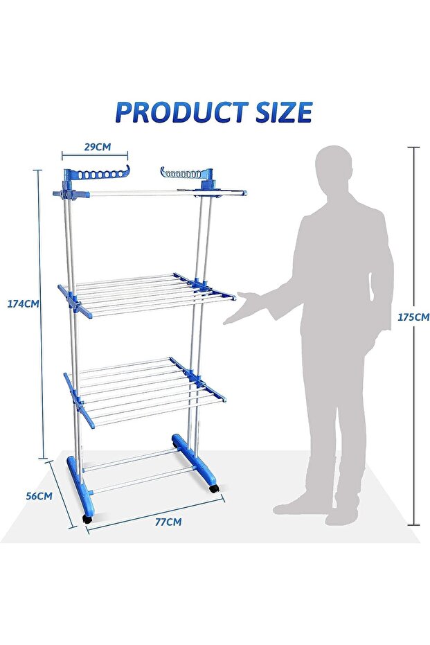 3-Layer Folding Clothes Drying Rack (Adjustable, Stainless Steel) - Blue - 4
