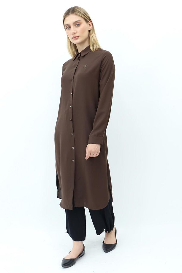 Amblem Detaylı Düğmeli Uzun Tunik - Kahve - 3