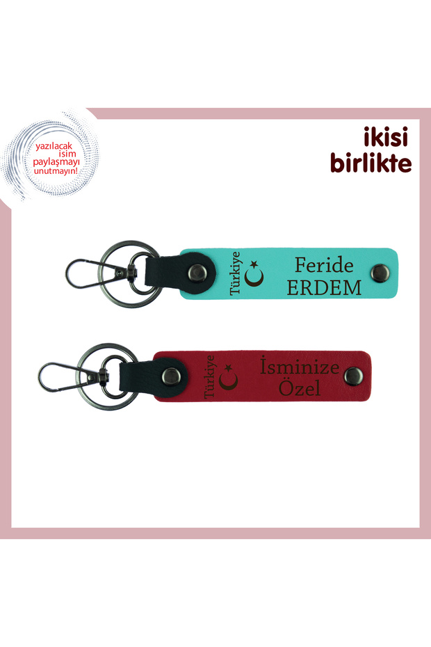 For Your Love Like Ayyıldız and Türkiye, Leather Keychain with Name X2, Turquoise-Red