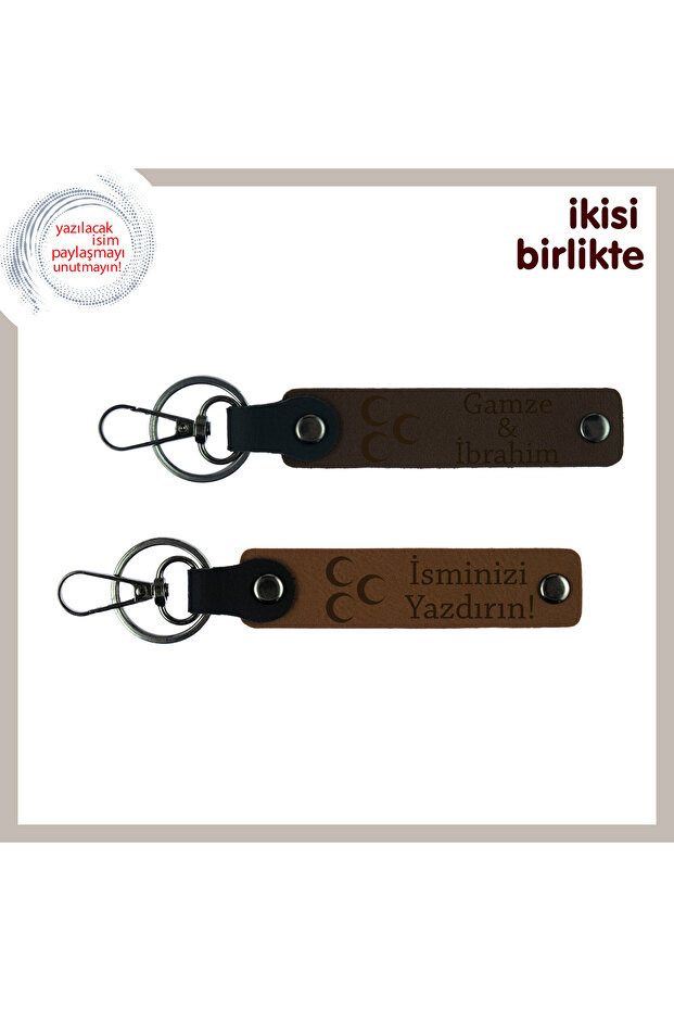 Gift Set of 2, Dark Brown-Brown, Vefa Themed Armağan – Three Crescent and Name Written Keychain