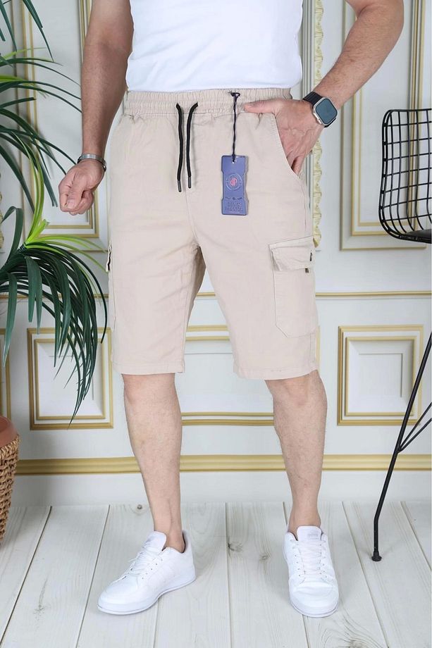 Erkek Krem Likralı Gabardin Şort Kargo Cepli Pamuklu Beli Lastikli Bağcıklı Basic Şort - 7