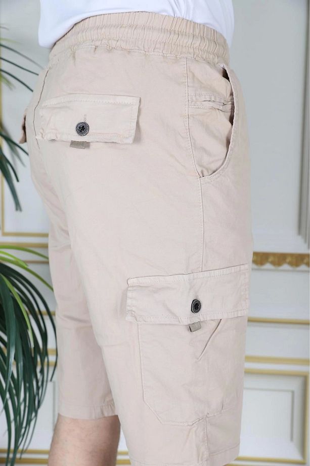 Erkek Krem Likralı Gabardin Şort Kargo Cepli Pamuklu Beli Lastikli Bağcıklı Basic Şort - 5