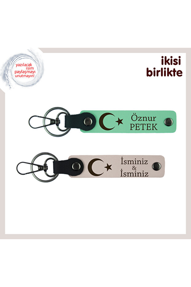 2-Piece Keychain with Moon and Star Pattern, First Name and Last Name, Light Green-Powder, Thank You Teacher Gift