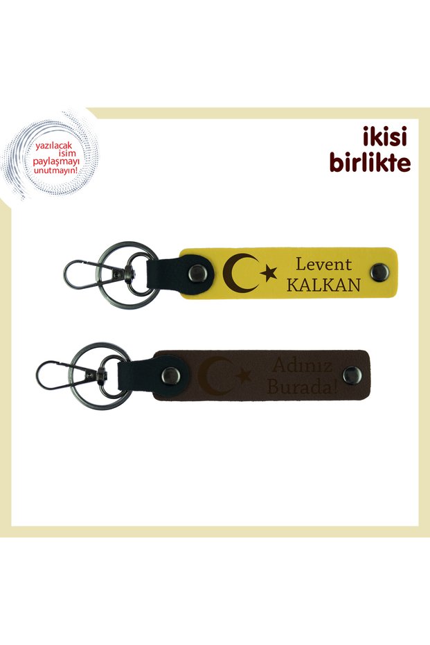 Homeland Themed Love Gift – Leather Keychain with Moon and Star Motif, Set with Name Written, Yellow-Brown
