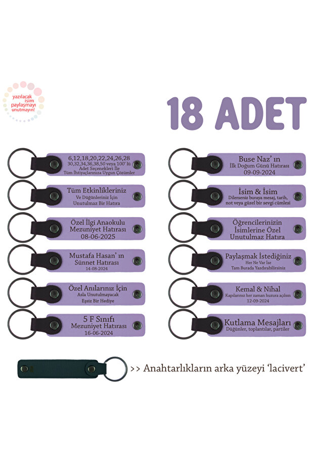 Personalized Message Gift Leather Keychain, Purple Violet & Navy Blue, Individually Name Writable Set of 18