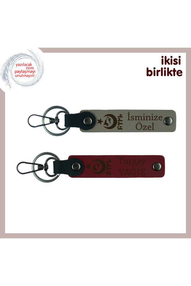 Ayyıldız Kurt Göktürk Themed Name Writable Set of 2 Keychains, Ash Gray-Claret Red, Very Special Gift