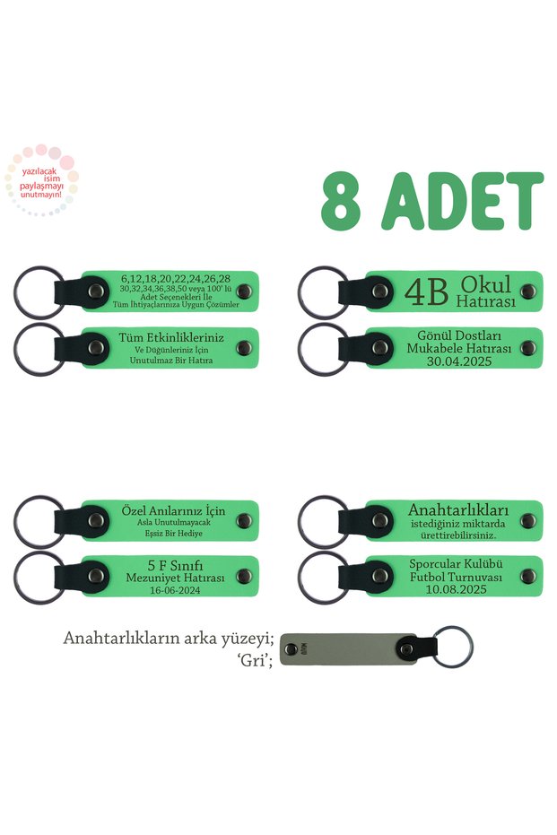 Meaningful Gift for Classroom Students to Teacher, Set of 8, Name Writable Keychain, F Green & Gray