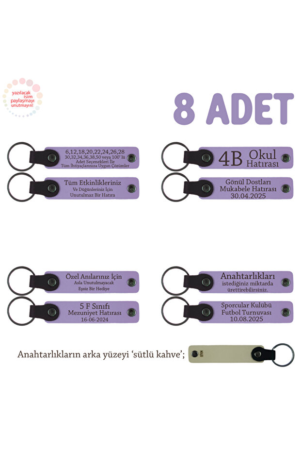 Special Gift Set of 8 Keychains in Classroom Activities, Student Name Written, Purple Violet & S Coffee