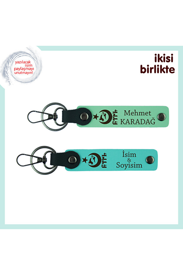2-Piece Keychain with Name Written on Moon and Star Wolf Gokturk Theme for Wedding Anniversary, Light Green-Turquoise