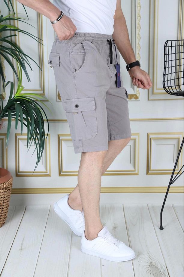 Erkek Taş Renk Likralı Gabardin Şort Kargo Cepli Pamuklu Beli Lastikli Bağcıklı Basic Şort - 3