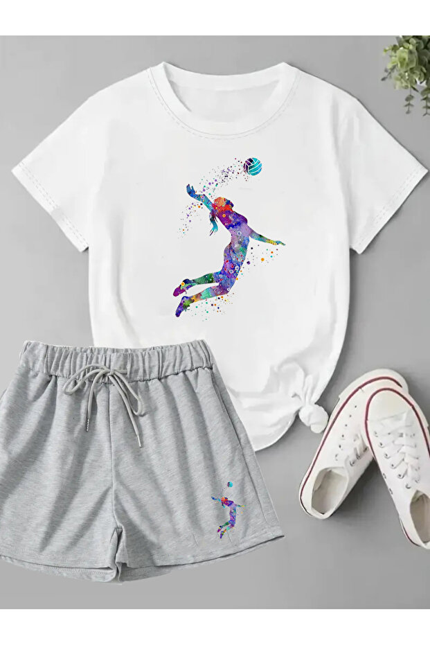 2'li Set Düz Renk Kadın Regular Şort ve Tshirt Tişört Voleybol - 1