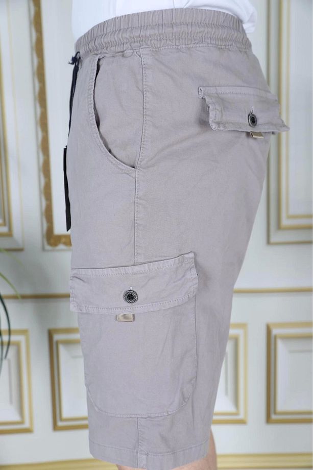 Erkek Taş Renk Likralı Gabardin Şort Kargo Cepli Pamuklu Beli Lastikli Bağcıklı Basic Şort - 4