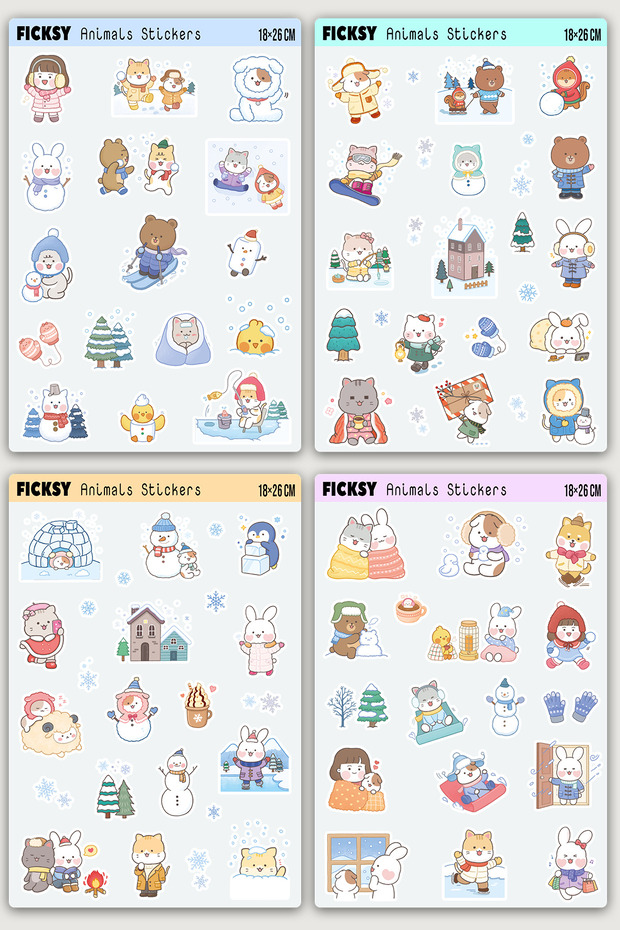 Kawaii Style Cute Animals Winter Themed Sticker Set - 65 Pieces of Sticker Stickers