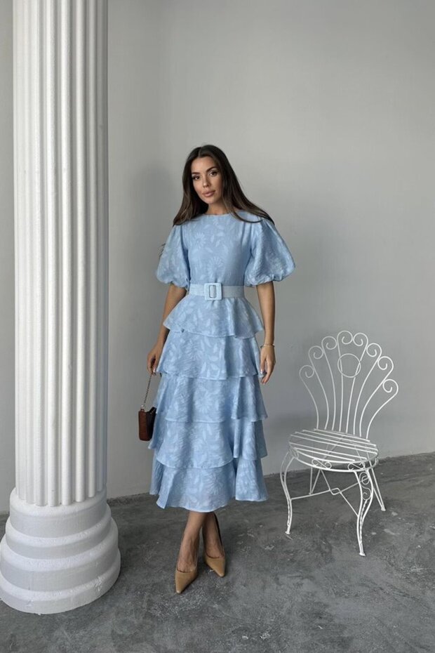 Baby Blue Layered Balloon Sleeve Belted Dress