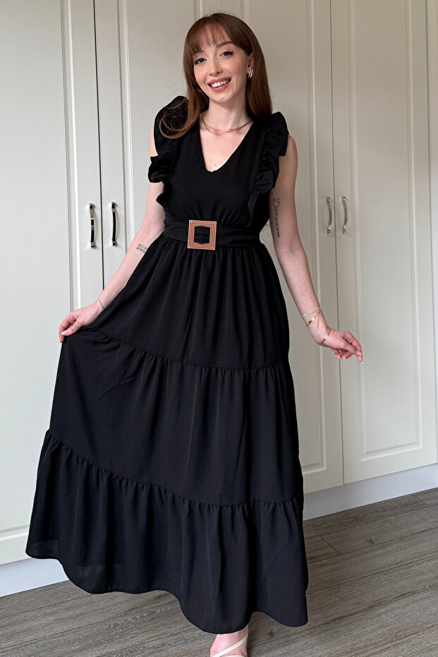 Siyah Kol Fırfırlı Yırtmaçlı Uzun Elbise - 5