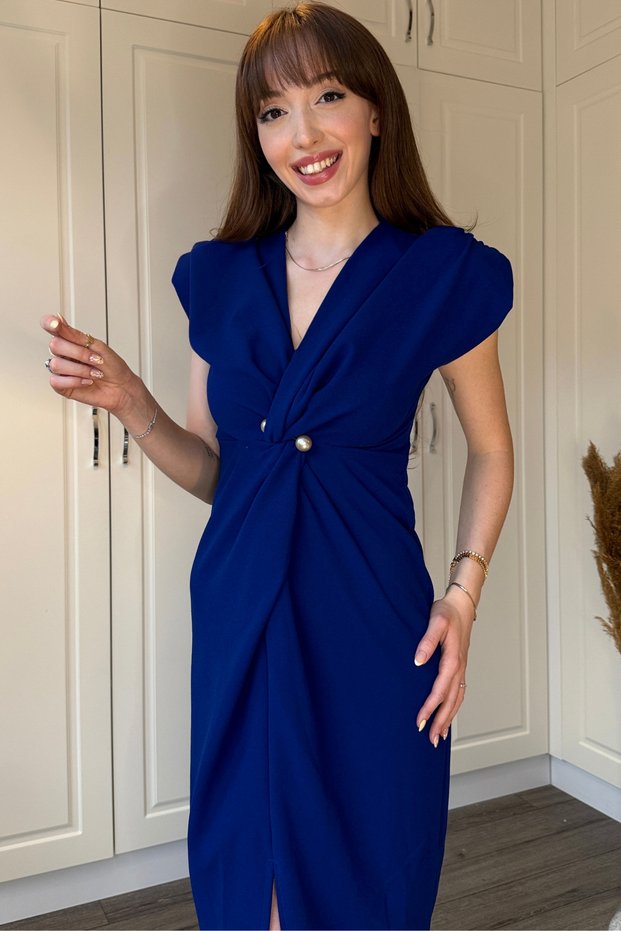 Double Breasted Collar Padded Pearl Cobalt Blue Dress