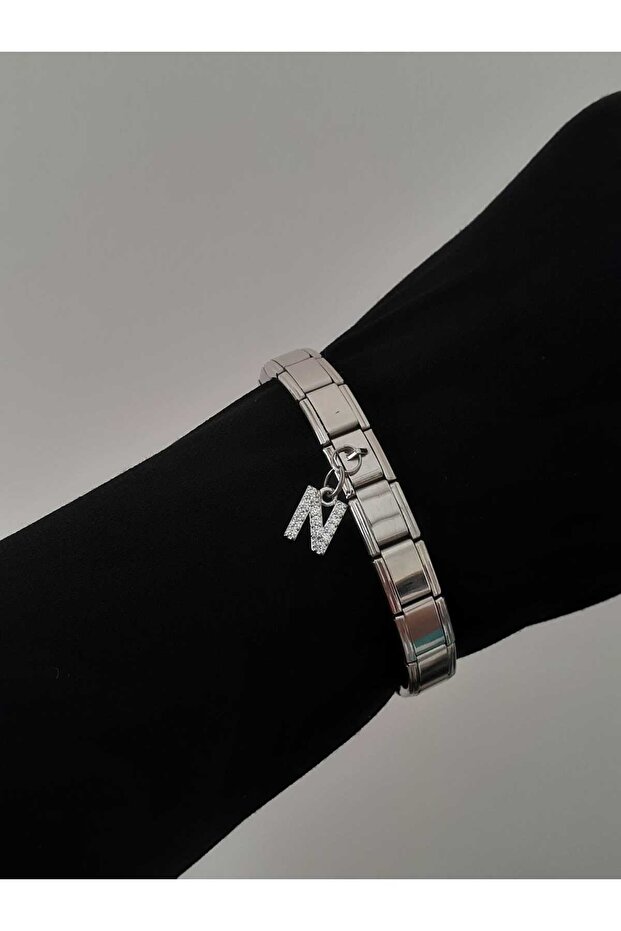 Steel N Letter Zircon Stone Italian Charm Bracelet