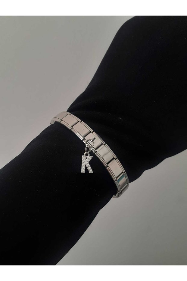 Steel K Letter Zircon Stone Italian Charm Bracelet