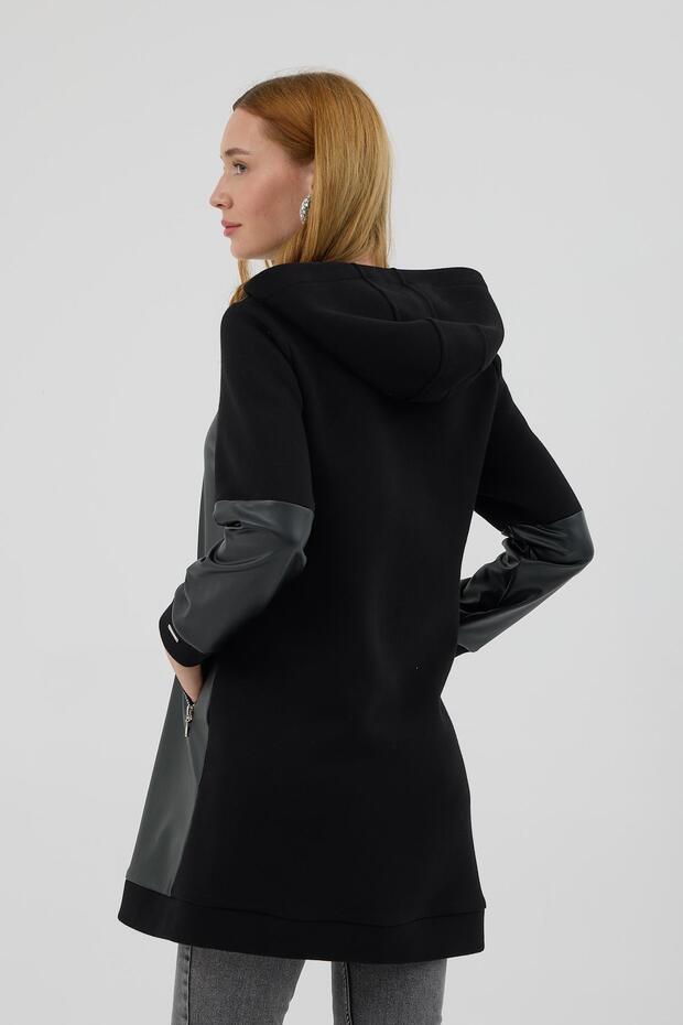 Kapşonlu Deri Detaylı Şardonlu Kap - Siyah - 6
