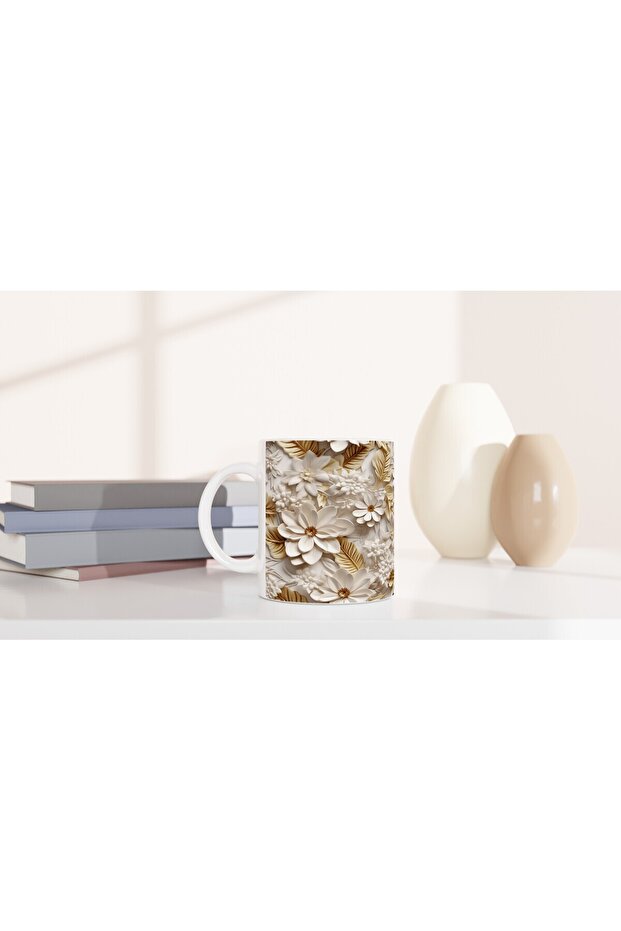 Cream Gold Leaf Patterned Relief Mug - 6