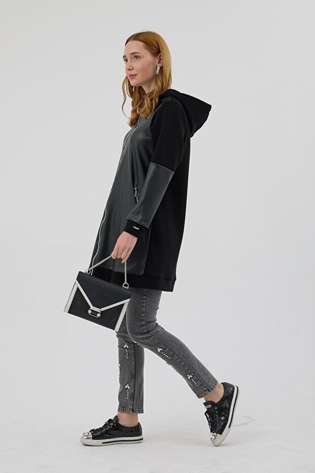 Kapşonlu Deri Detaylı Şardonlu Kap - Siyah - 5