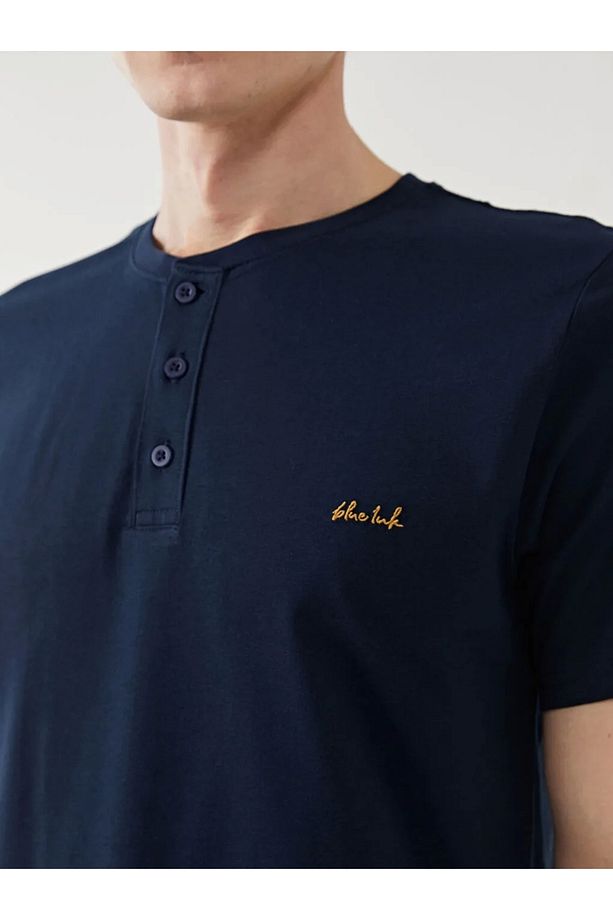 Lacivert Standart Kalıp Bisiklet Yaka %100 Pamuk Kısa Kollu Erkek Şortlu Pijama Takımı - 6