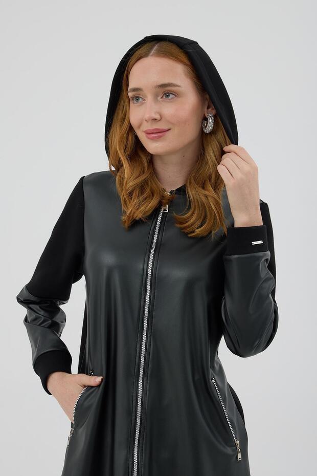 Kapşonlu Deri Detaylı Şardonlu Kap - Siyah - 4