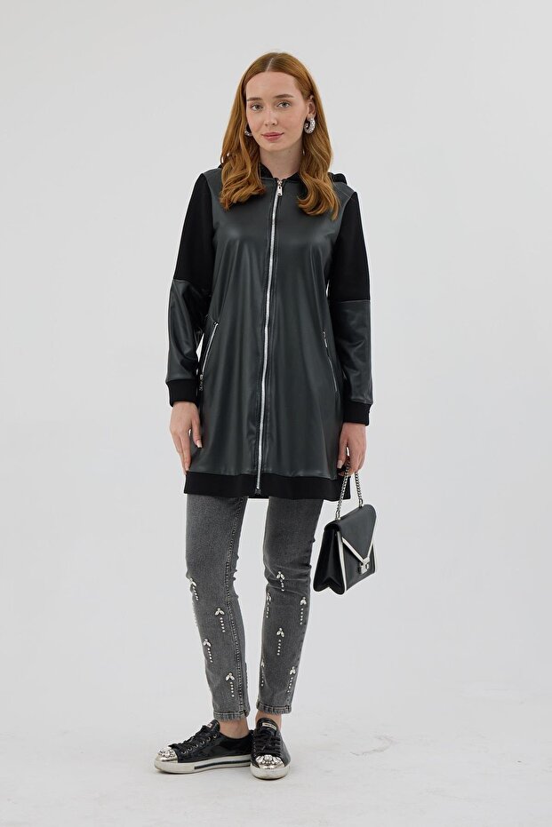 Kapşonlu Deri Detaylı Şardonlu Kap - Siyah - 1
