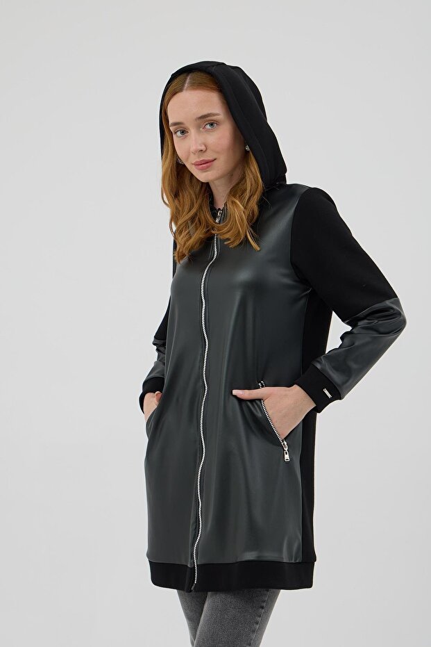 Kapşonlu Deri Detaylı Şardonlu Kap - Siyah - 3