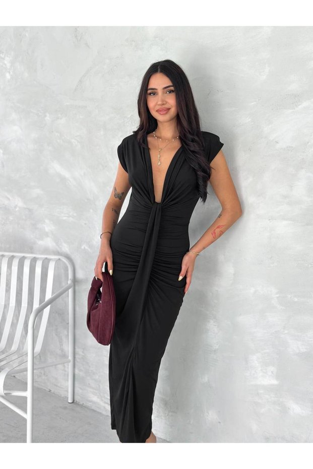 Women's V-Neck Double Breasted Detailed Satin Look Long Evening Dress