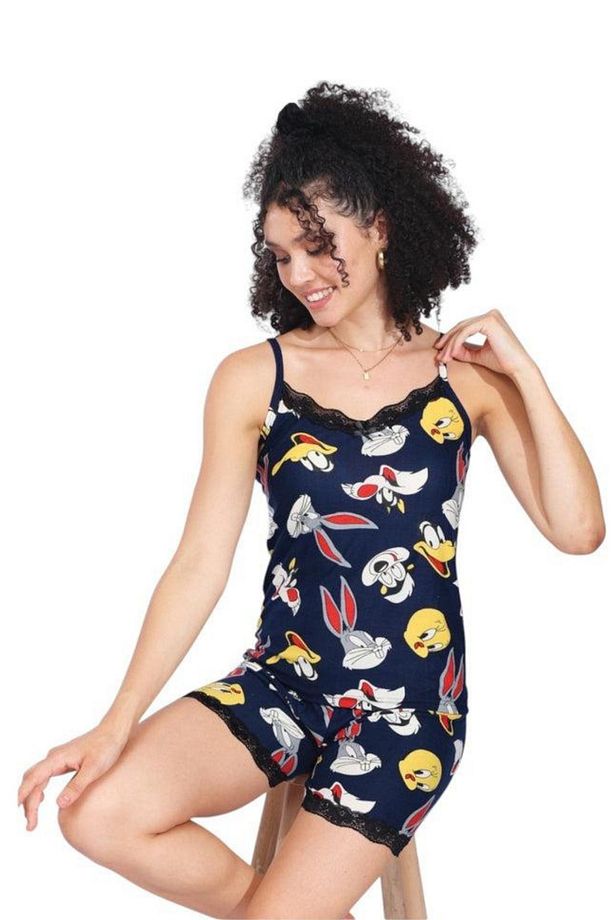 Kadın Lacivert Bugs Bunny Desenli Dantelli Yazlık Askılı Şortlu Pijama Takımı - 1
