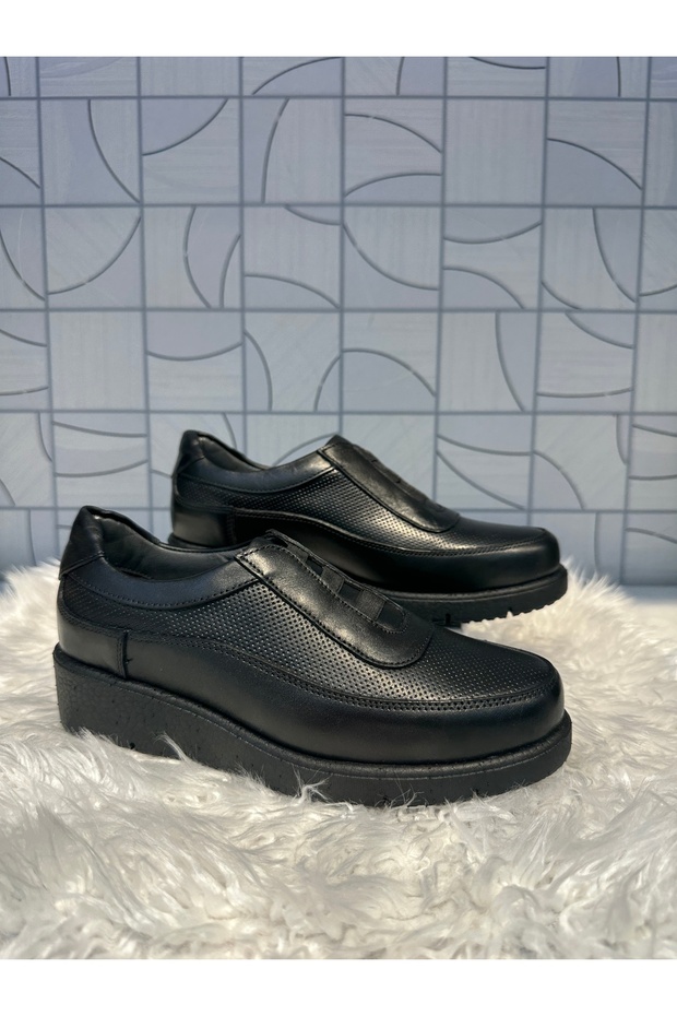 Napa 094 Women's Black Genuine Leather Comford Wedge Heel Rubber Detail Daily Orthopedic Casual Shoes