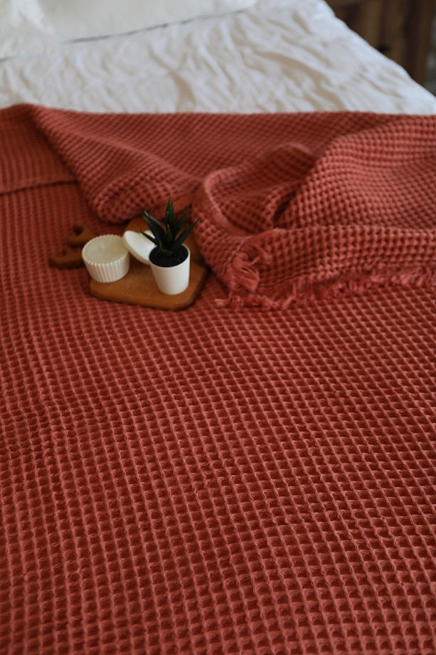 Müslin Waffle 4 Katlı %100 Pamuk Premium Yatak Örtüsü Tarçın Tek Kişilik 160x240 cm - 2