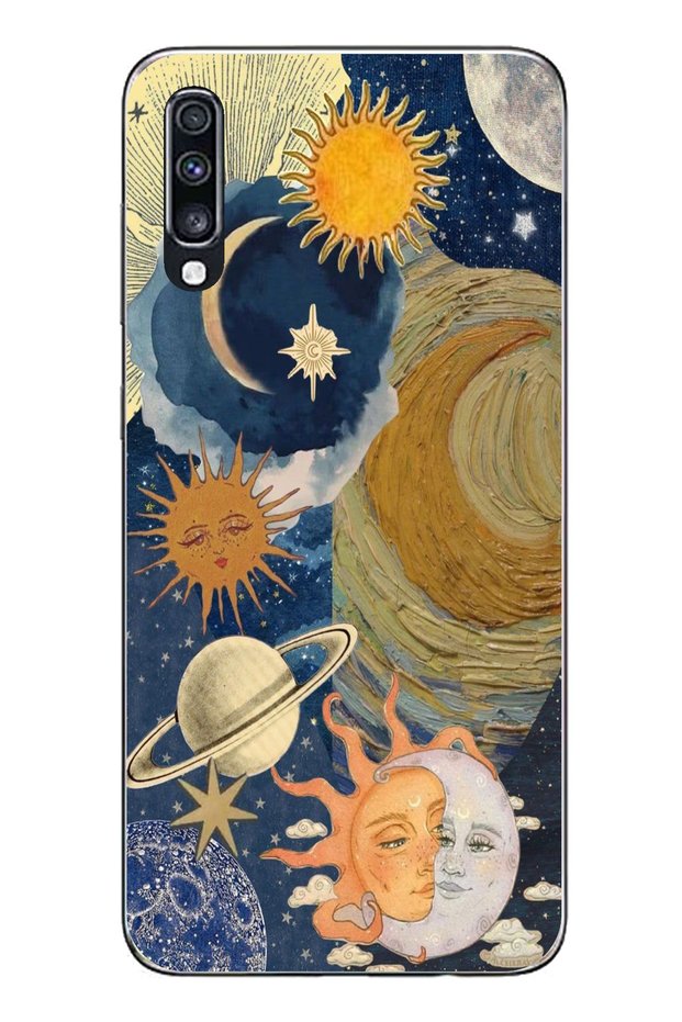 حافظة سيليكون شفافة متوافقة مع هاتف Samsung Galaxy A70 بتصميم Sun and Moon Universe