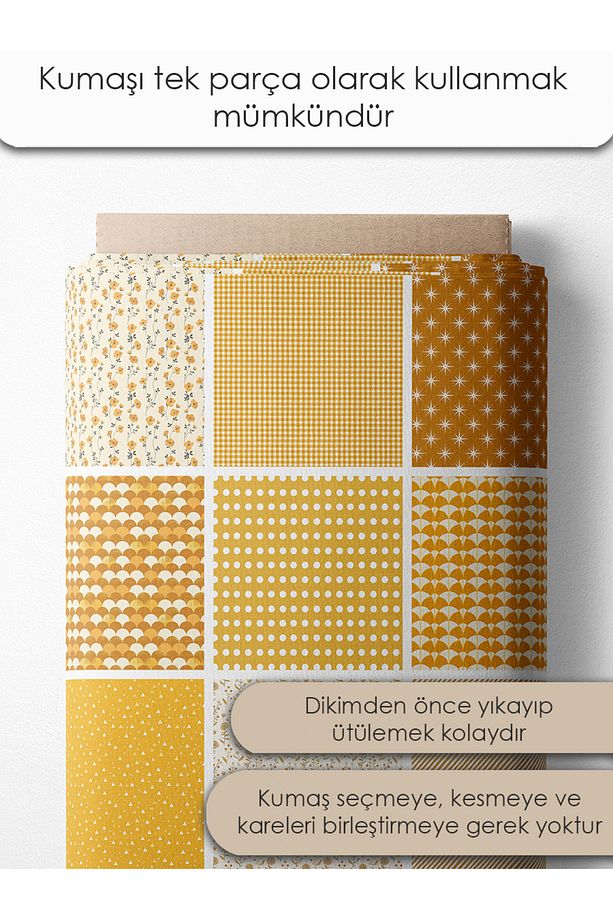 Patchwork Kumaş Seti – 35 Adet 20x20cm, %100 Pamuk, Sarı Renkli Geometrik ve Çiçekli Desenler - 3