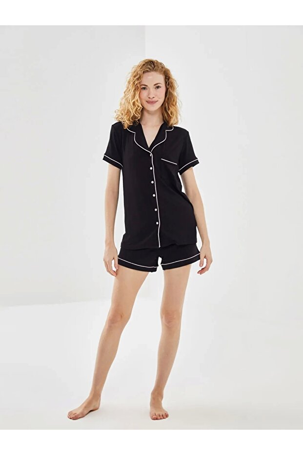 Dream Black Shirt Collar Women's Pajama Set with Shorts