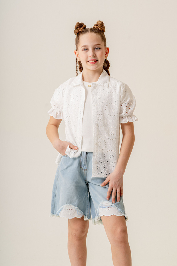 Girl's Scalloped Short Sleeve Shirt Double Suit 1812