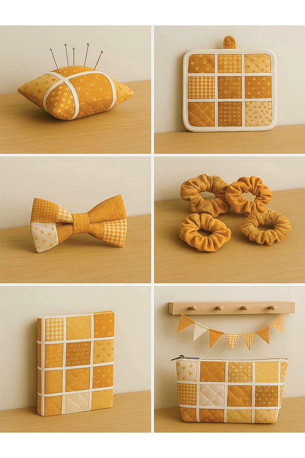 Patchwork Kumaş Seti – 35 Adet 20x20cm, %100 Pamuk, Sarı Renkli Geometrik ve Çiçekli Desenler - 7