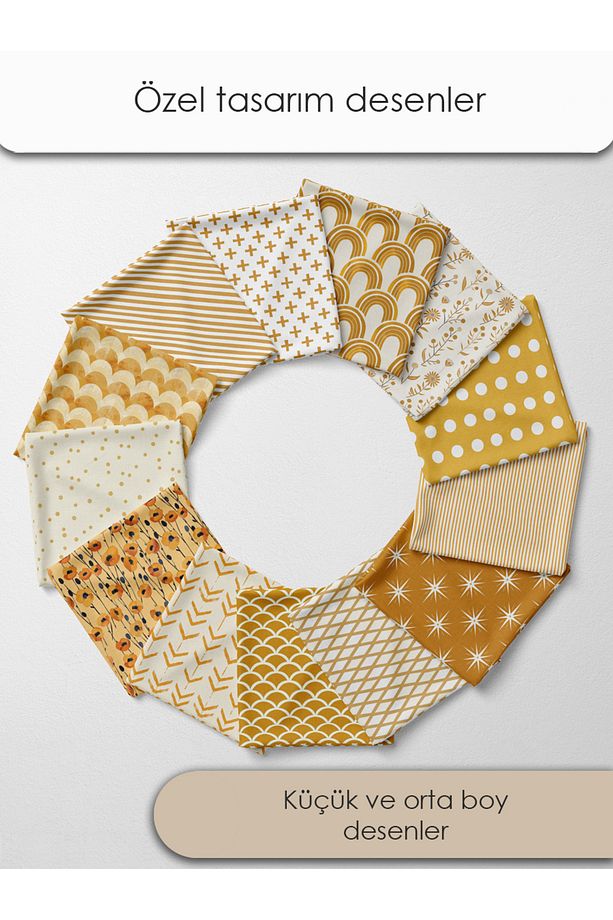 Patchwork Kumaş Seti – 35 Adet 20x20cm, %100 Pamuk, Sarı Renkli Geometrik ve Çiçekli Desenler - 2
