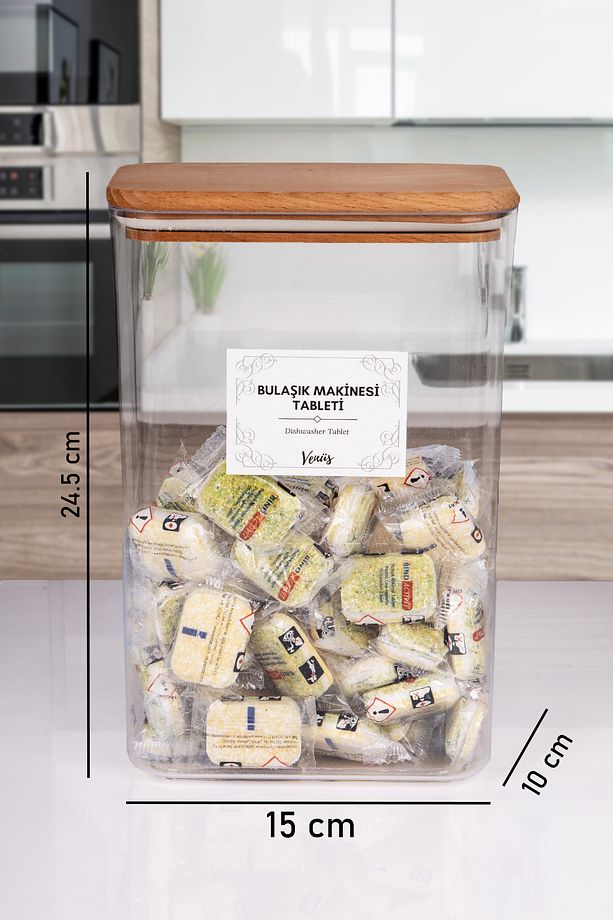 Ahşap Vakumlu Kapaklı Tablet Deterjan Kutusu Akrilik 3 Lt (150 Adet Kapasiteli) - 2